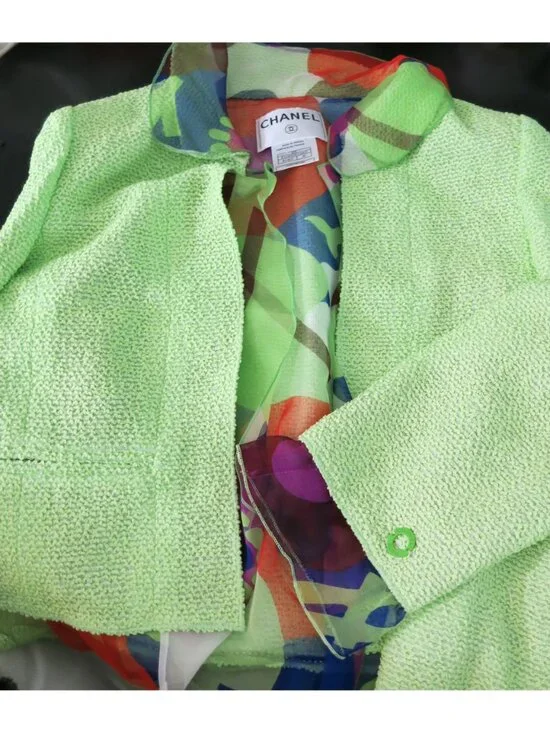 CHANEL Vintage 2000 Spring Lime Green Print Chiffon Trim Skirt Jacket Set 38 40 - Picture 12 of 16